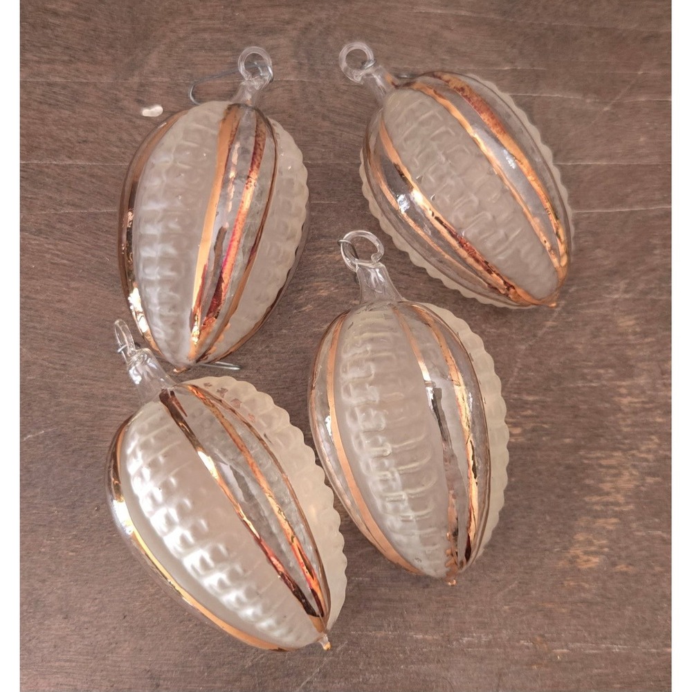 4 Vintage Glass Christmas Ornaments Frosted White‎ Copper Stripe Teardrop
